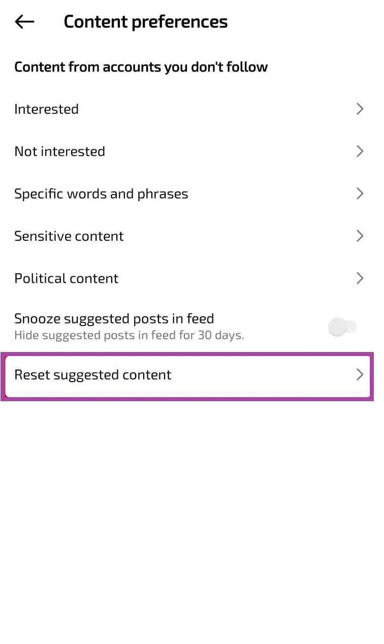 کلیک روی گزینه Reset suggested content 