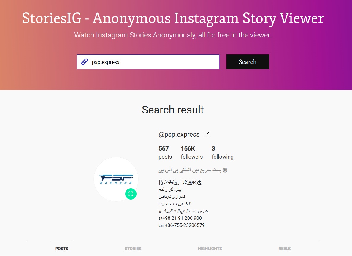ورود به سایت StoriesIG و وارد کردن نام کاربری برای دیدن استوری بدون سین