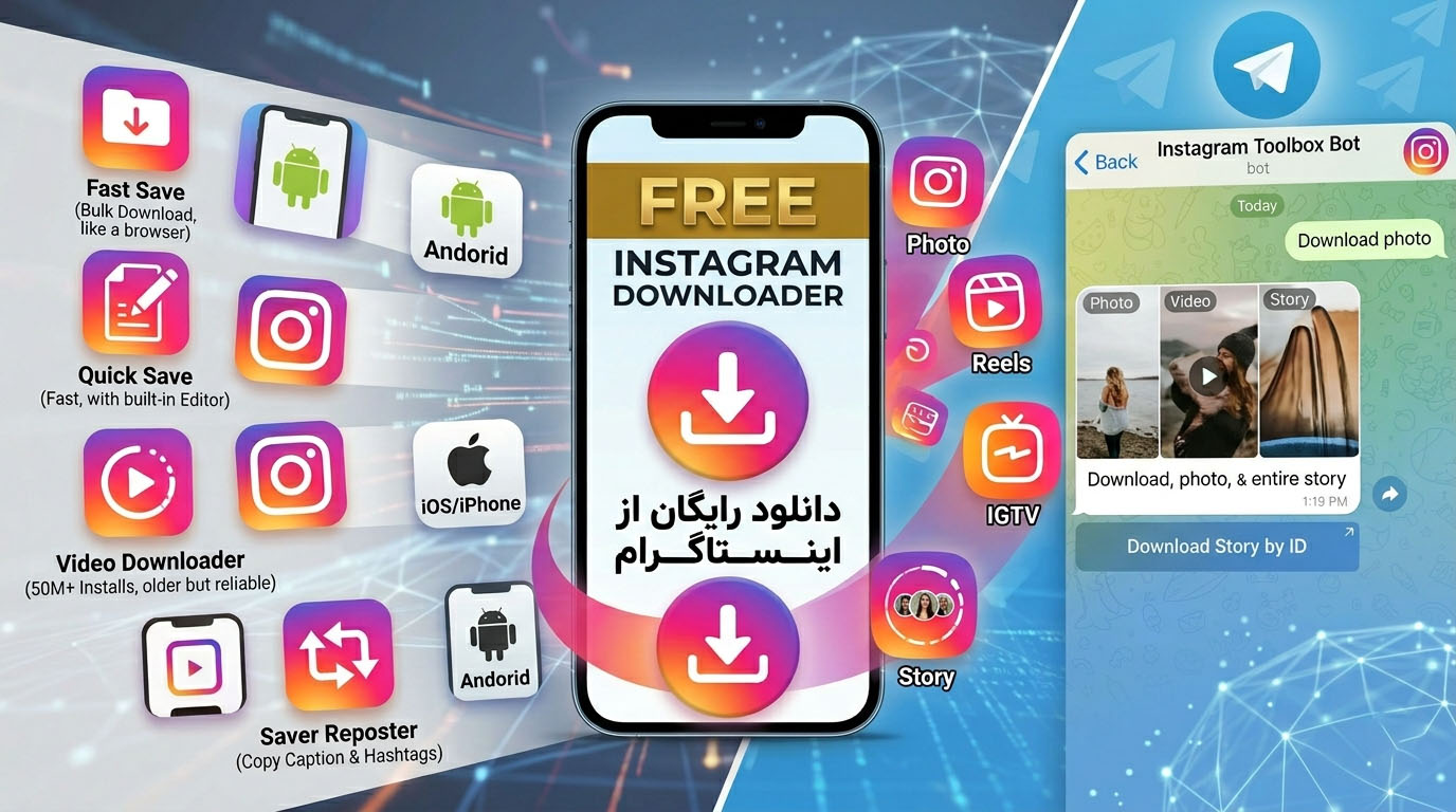 بهترین ابزارهای رایگان برای دانلود از اینستاگرام شامل برنامه‌های دانلود عکس از اینستاگرام و ذخیره فیلم با کیفیت بالا
