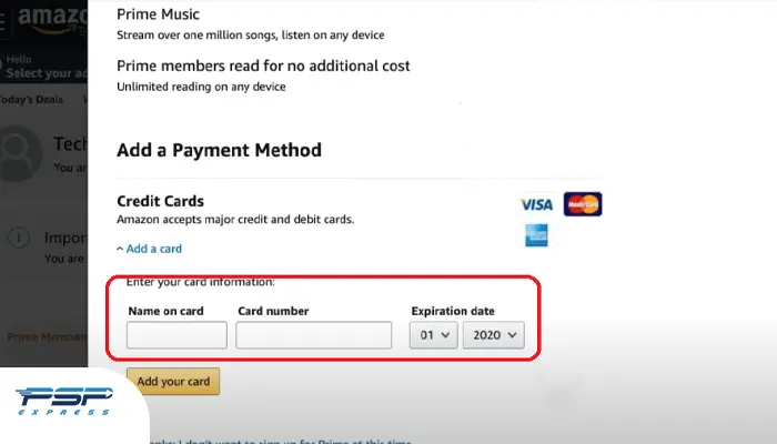 ساخت اکانت امازون از ایران و کلیک روی گزینه add your card