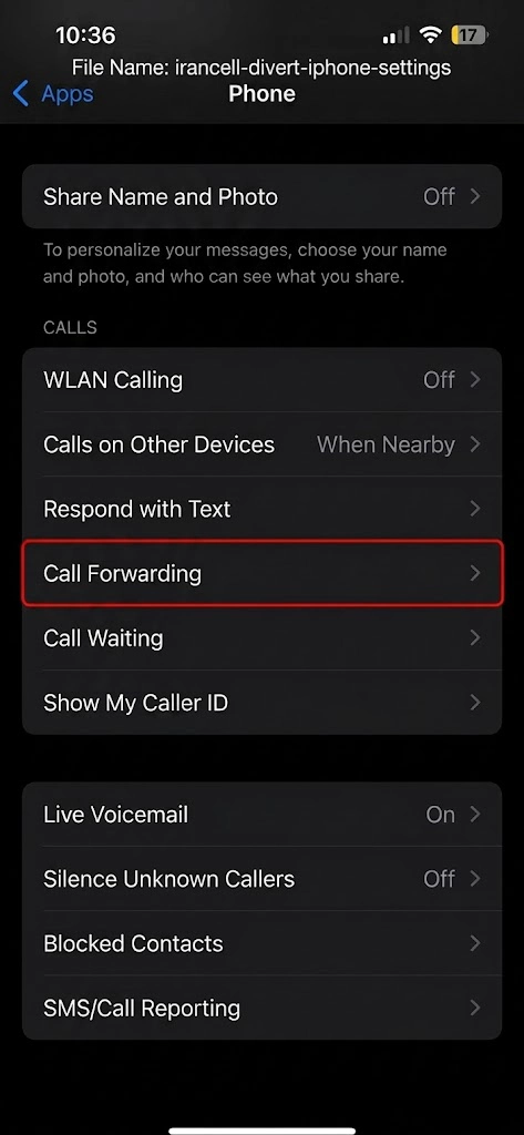انتخاب گزینه call forwarding برای فعالسازی دایورت ایرانسل آیفون