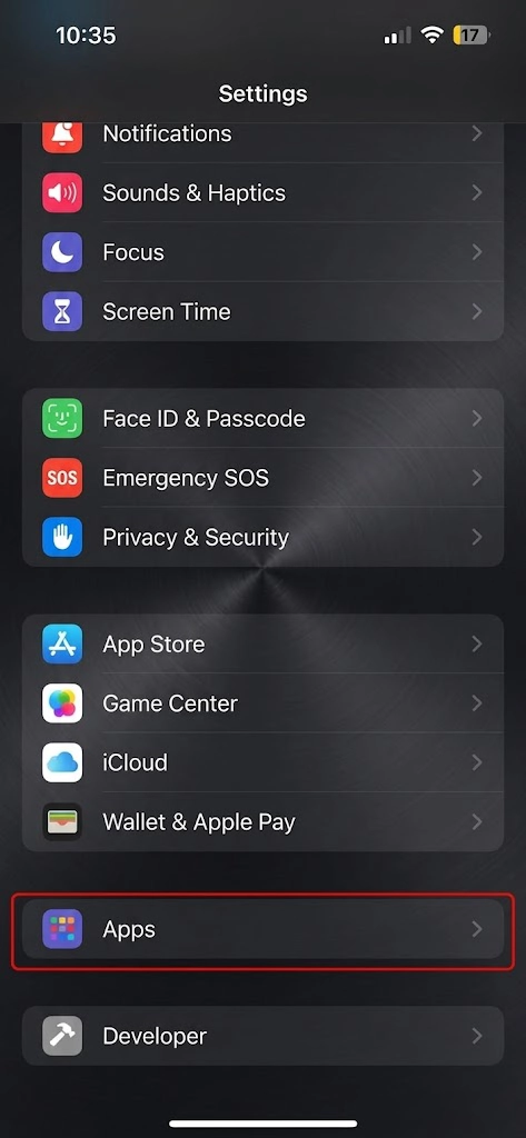 انتخاب گزینه apps برای فعالسازی دایورت ایرانسل آیفون