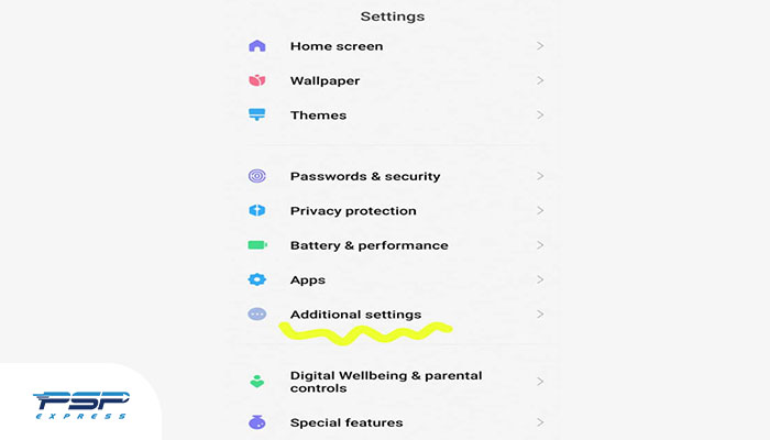 انتخاب گزینه Additional settings برای ریست فکتوری گوشی شیائومی