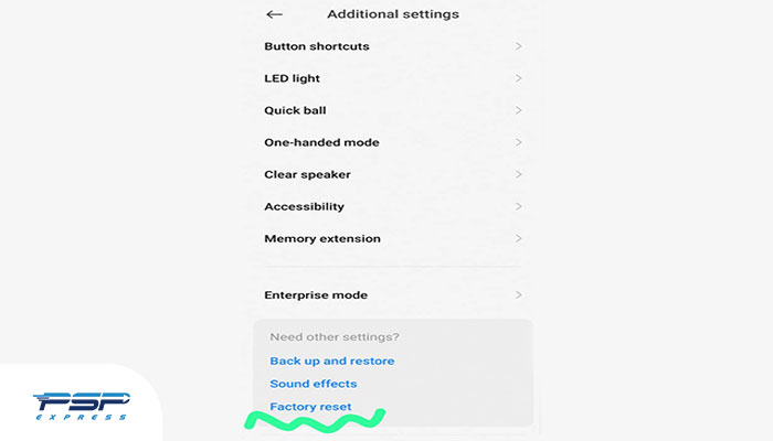 انتخاب گزینه Factory reset در مرحله ریست فکتوری گوشی شیائومی